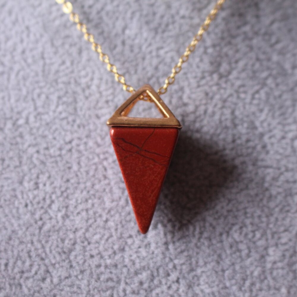 Red Jasper Triangle Stone Pendant Necklace – Gold Accent Chain - Picture 4 of 5
